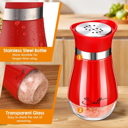 Acellegic 2 Pcs Salt and Pepper Shakers with Glass Bottom Set 4 oz Stainless Steel Salt and Pepper Holders for Kitchen Cooking Table Camp Refillable Perforated(Red Color)