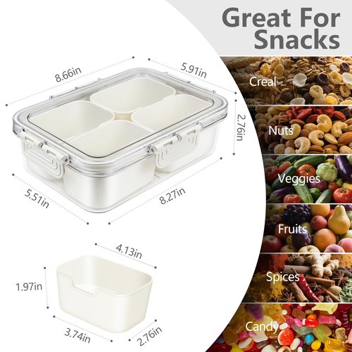 JINZORE Small Snackle Box Container, Divided Serving Tray with Lid, 4 Compartment Snack Box Container for Candy, Fruits, Charcuterie, Travel & Parties, BPA-Free, 2 Pack