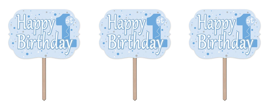 Beistle 3 Piece Happy 1st Birthday Yard Signs With Wooden Stakes - Durable Cardstock - Outdoor Lawn Party Decorations and Supplies