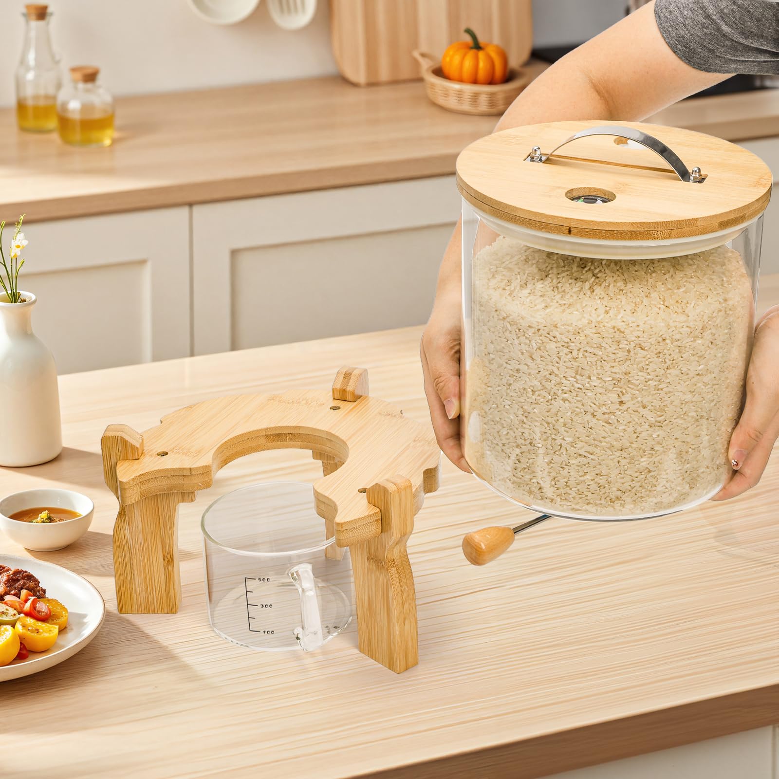 Goaste Glass Rice Dispenser with Bamboo Stand, 5L Flour Cereal Container with Airtight Lid, 8 Lbs Large Grain Food Storage Bucket, Countertop Beans Storage Tank with Measuring Cup & Valve for Dry Food