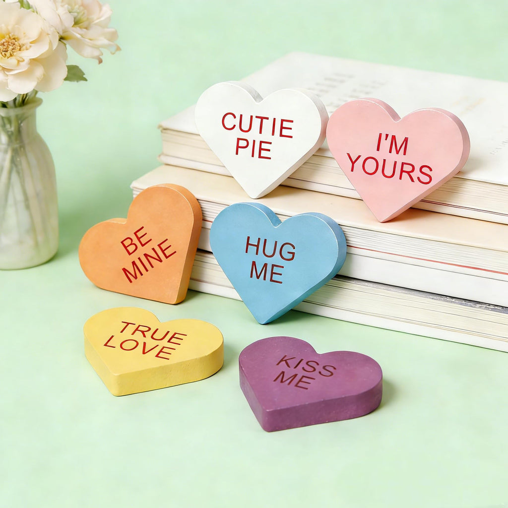 6 Pack Wooden Conversation Hearts Decor - Valentine Mantel Decor,Heart Signs for Home Shelf, Tiered Tray, Fireplace & Office Decorations