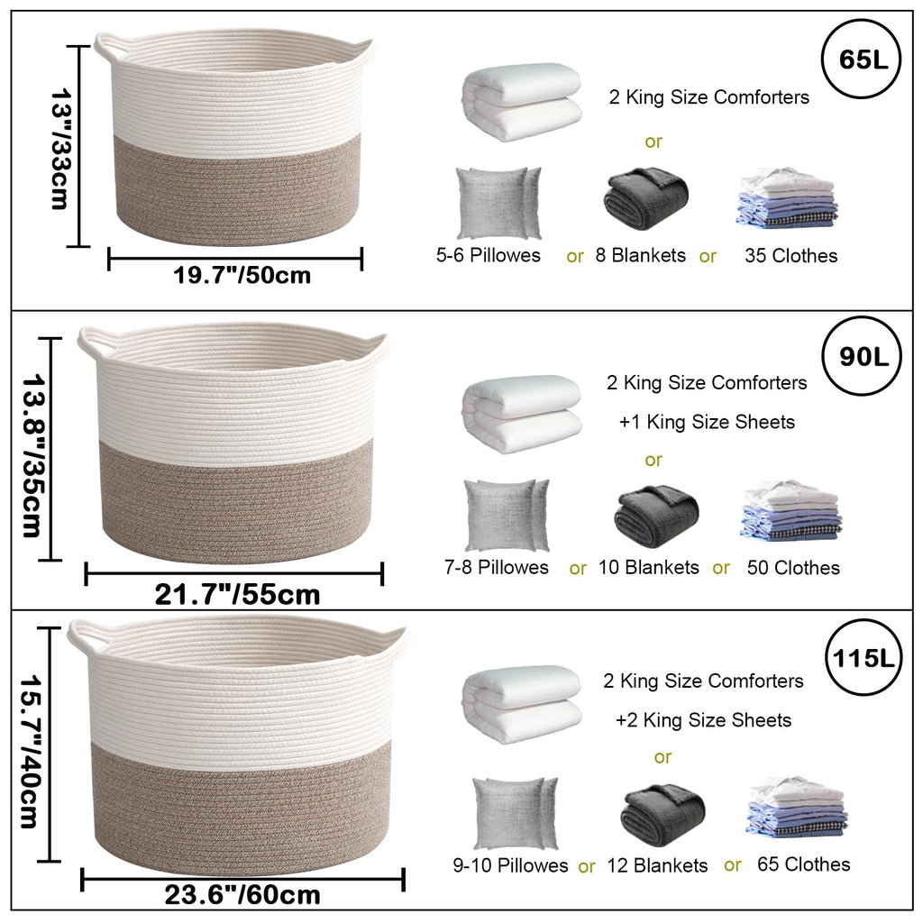 HZFTJOY Large Woven Blanket Basket,65L Cotton Rope Laundry Basket Hamper with Handles, Decorative Nursery Basket Storage Bin for Toys, Clothes Organizer, Living Room, Bedroom, Bathroom, White & Brown