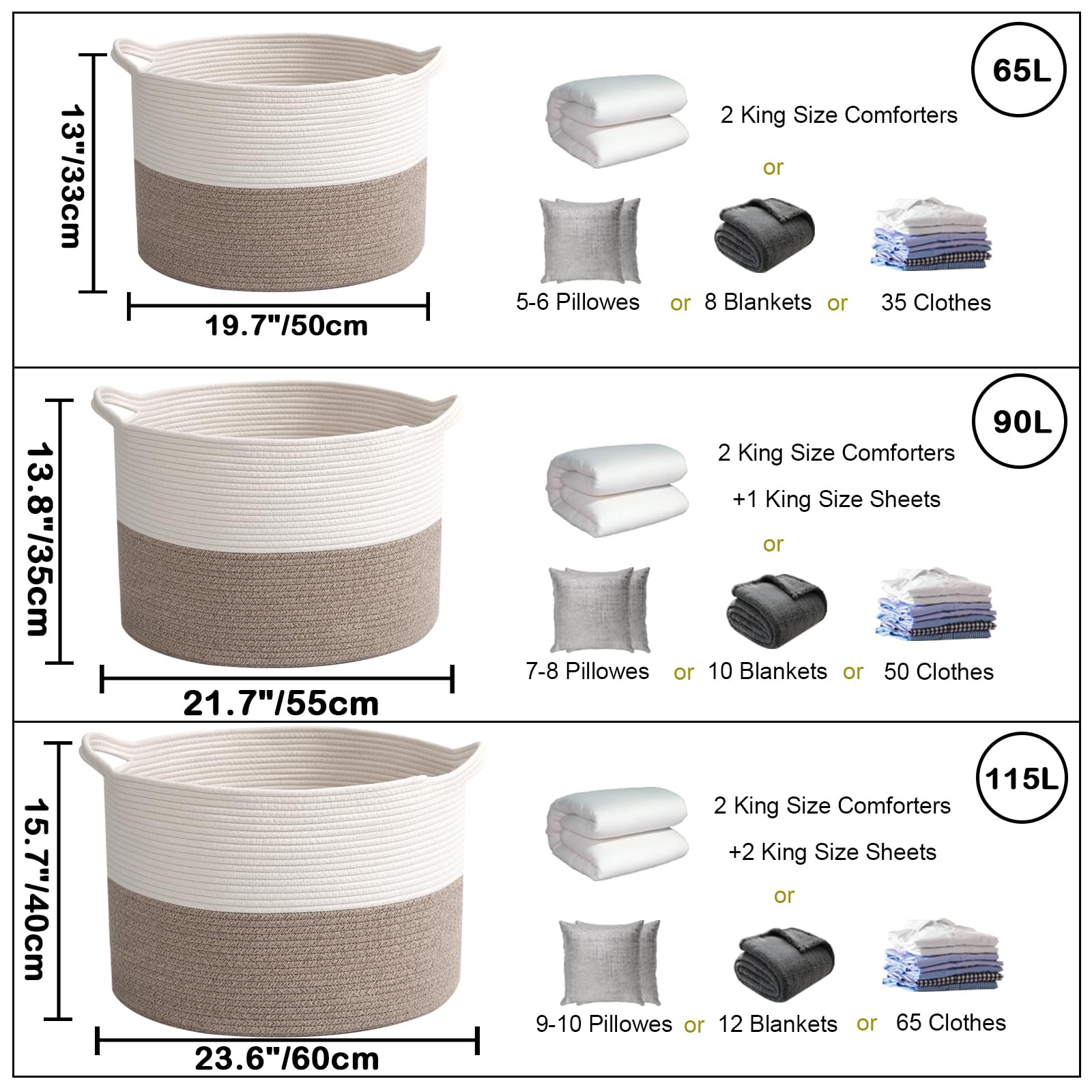 HZFTJOY Large Woven Blanket Basket,65L Cotton Rope Laundry Basket Hamper with Handles, Decorative Nursery Basket Storage Bin for Toys, Clothes Organizer, Living Room, Bedroom, Bathroom, White & Brown