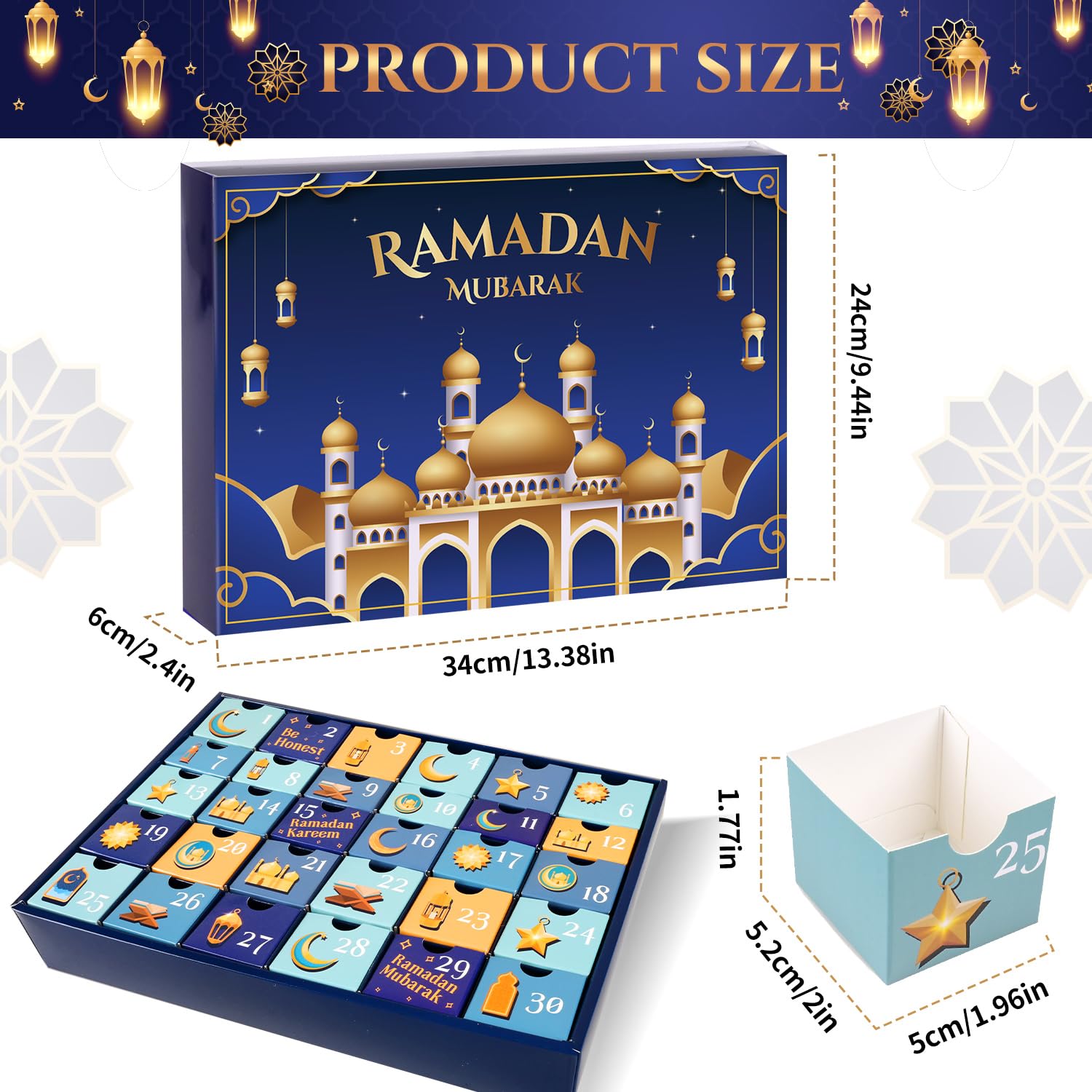 MOVINPE Ramdan Calendar with Drawers 2026 Ramadan Gifts for Kids, 30 Pre-Assembled Empty Boxes Eid Mubarak Coutdown Calendar Fillable Islamic Art Gift Box, Ramadan Party Supplies (Blue)