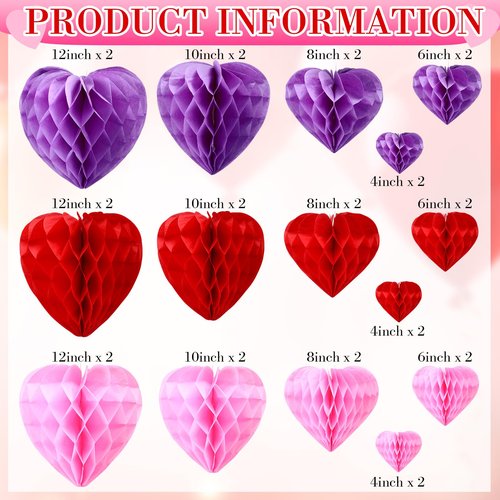 Seajan 30 Pcs Heart Honeycomb Party Decorations Pink Red Light Purple Tissue Paper Heart Shaped Pom Poms Decoration Valentine Hanging Decorations for Birthday Wedding, 5 Size