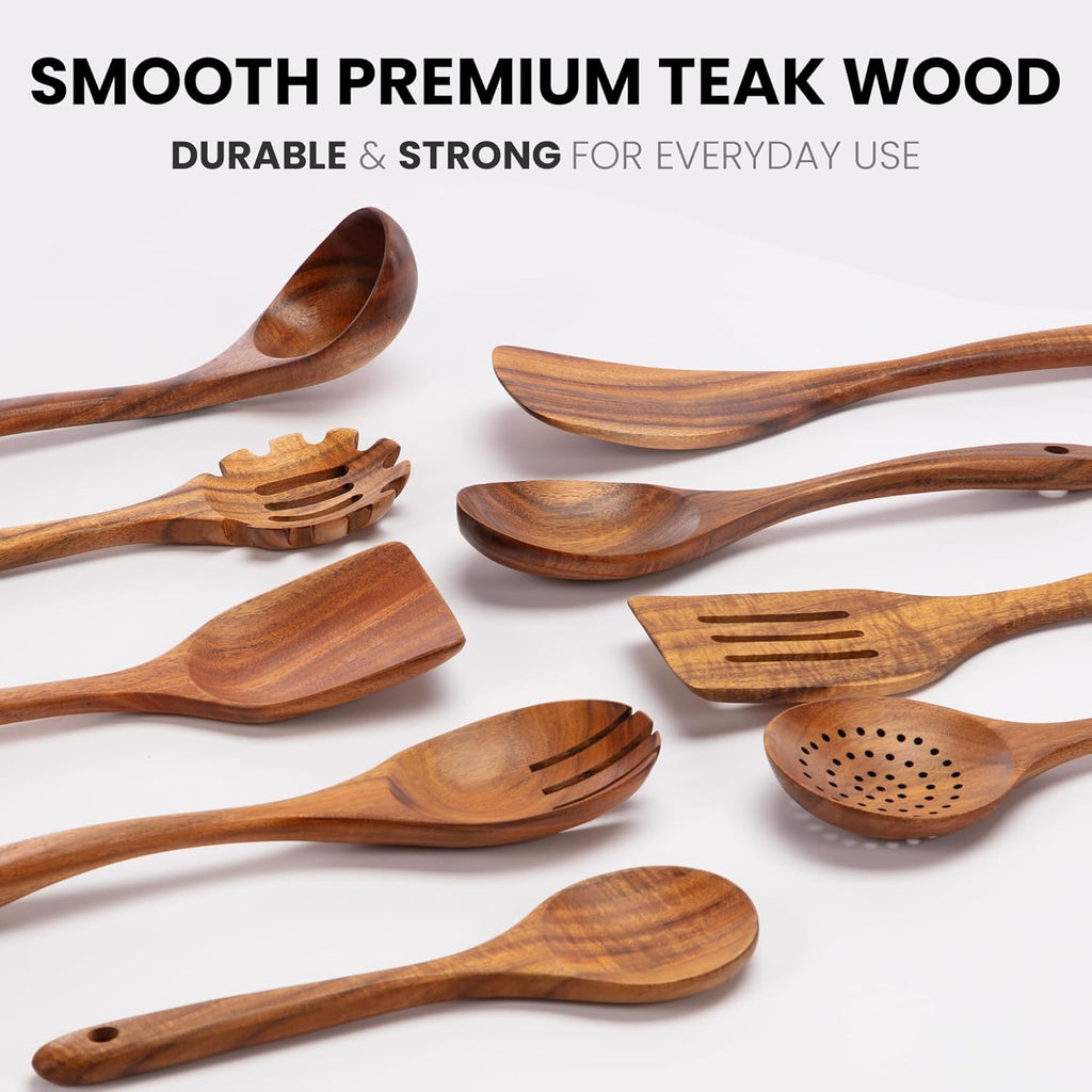 Zulay Kitchen 9-Piece Teak Wooden Utensil Set - Premium Non-Stick Cooking Tools in Gift Box | Comfortable Grip