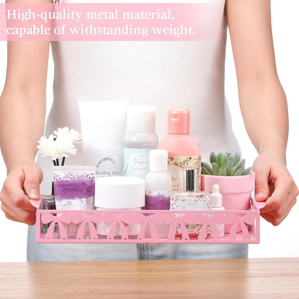 Skiennix Pink Bow Toilet Paper Basket - Cute Metal Holder with Handle | Stylish Bathroom Storage Organizer