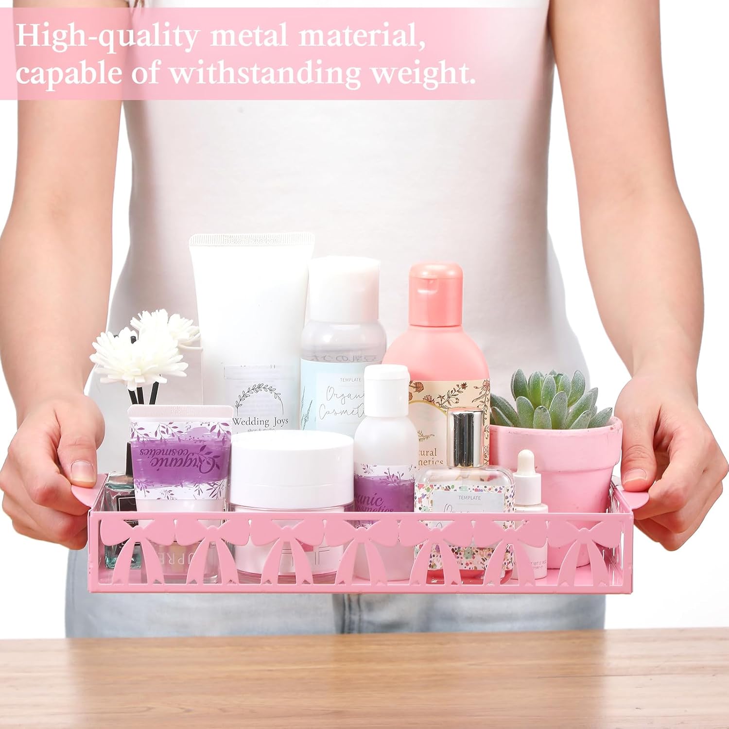 Skiennix Pink Bow Toilet Paper Basket - Cute Metal Holder with Handle | Stylish Bathroom Storage Organizer