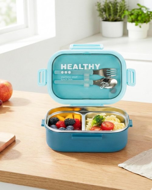Lille Home 28oz Stainless Steel Leakproof 2-Compartment Bento Lunch Box/Portion Control Food Container with Lunch Bag and Cutlery Set, BPA Free (Light Blue)