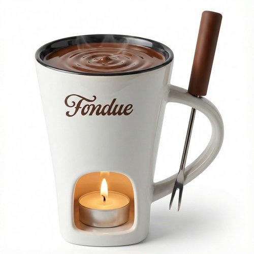 White Chocolate Fondue Mug with Tealight & Fork – Ceramic Single-Serve Fondue Cup for Chocolate & Cheese Dipping