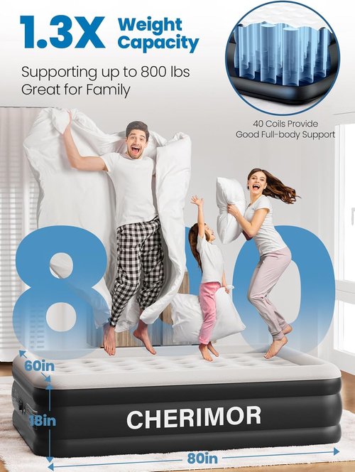 **CHERIMOR Queen Air Mattress - 18" Raised Comfort with Built-in Pump & Leak-Proof Design | Supports 800 lbs**