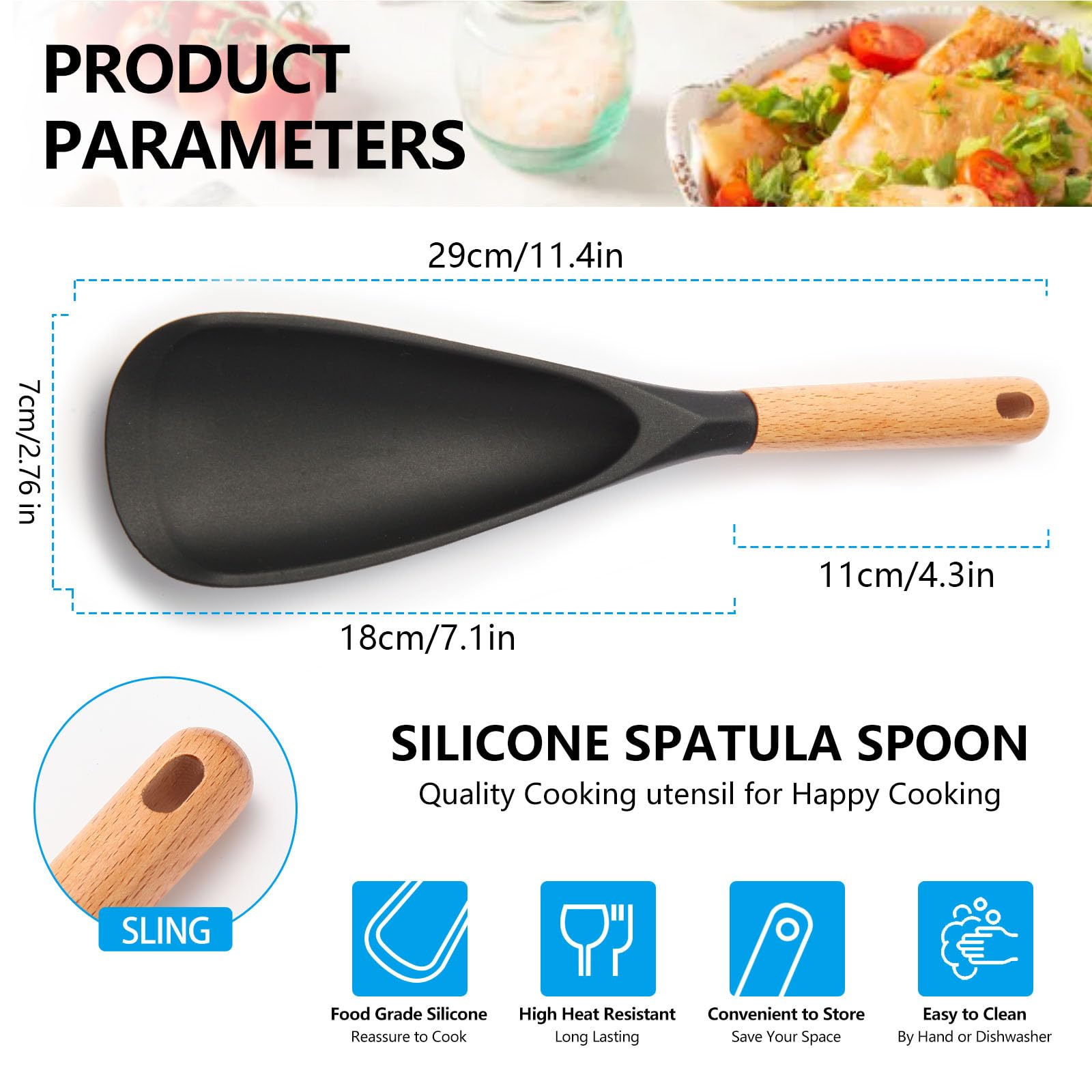 【2 Pack】Silicone Cooking Spoon for Nonstick Cookware - Wooden Handle Kitchen Spoon for Mixing, Flipping, Scraping & Serving - Heat-Resistant Spatula for Baking, Stirring (11.4'' Black 2-Pcs)