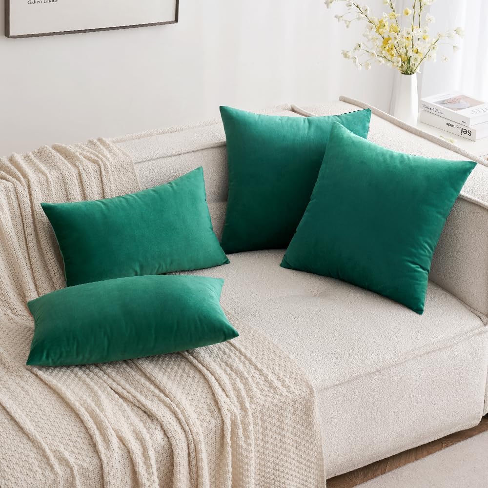 MIULEE Green Velvet Throw Pillow Covers - Soft Decorative Square Cushion Cases | 12x12 Inch Set for Couch & Bedroom