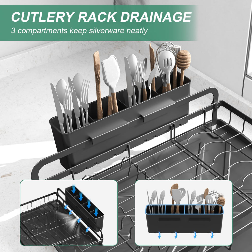 HOMEAILIE Dish Drying Rack for Kitchen Counter, Large Dish Drying Rack with Utensil Holder & Cutlery Tray, Dish Drainer with Drainboard, Black