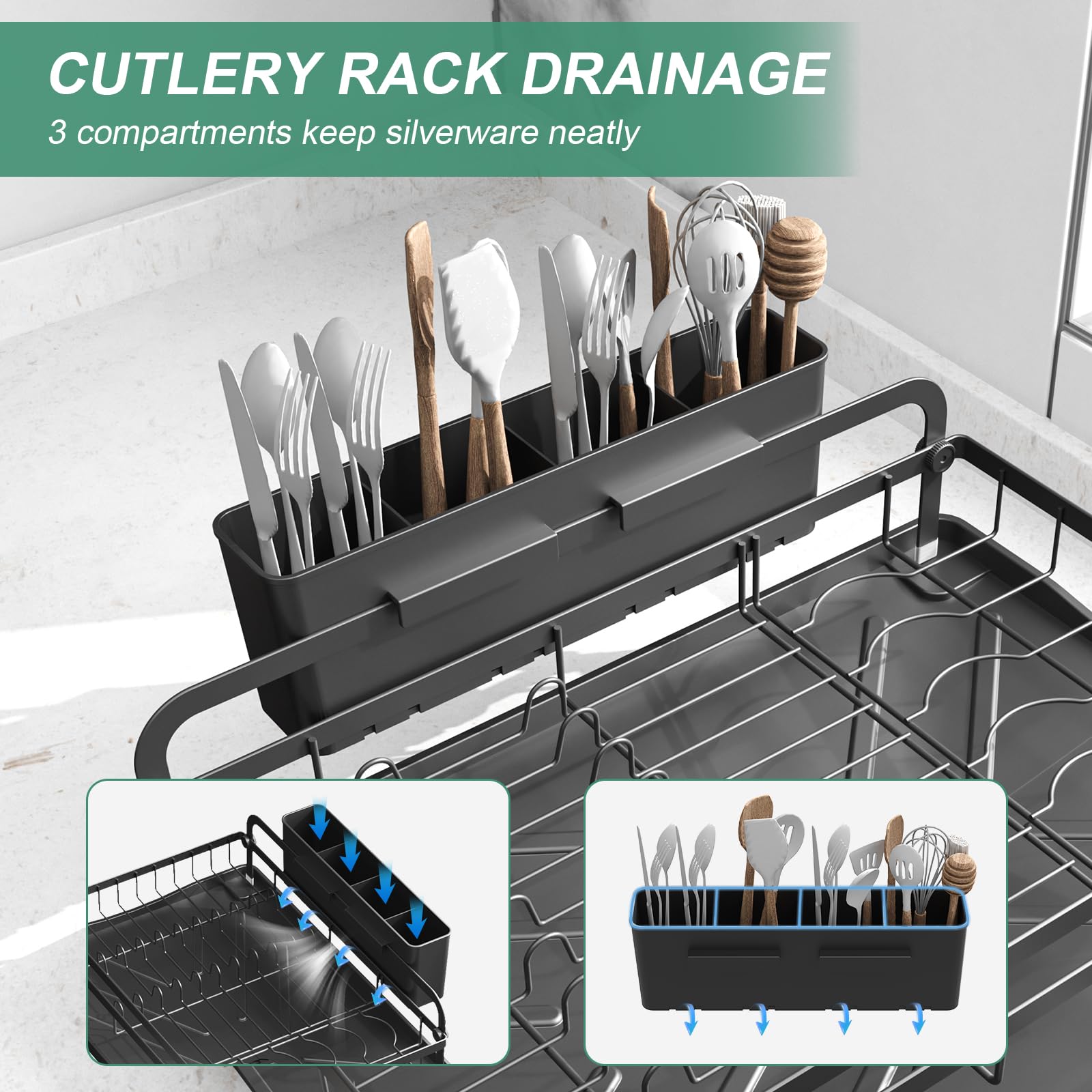 HOMEAILIE Dish Drying Rack for Kitchen Counter, Large Dish Drying Rack with Utensil Holder & Cutlery Tray, Dish Drainer with Drainboard, Black