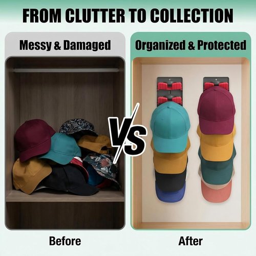 JBD Multicolor Hat Organizer - Wall Mounted Rack Holds 20 Baseball Caps | Innovative Auto-Grip Clips for Damage-Free Storage