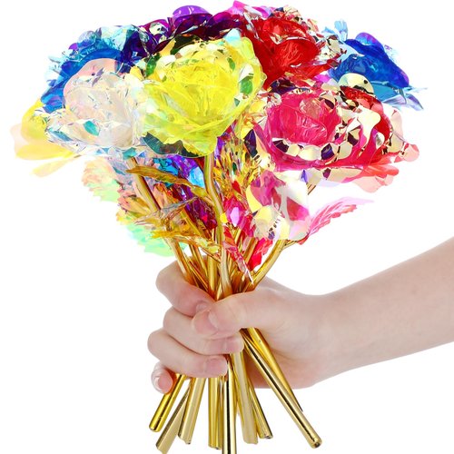 Lyrow 12 Pcs Galaxy Rose Floral Mother's Day Present Flowers with Stems Present for Mom Her Forever Preserved 24k Fake Crystal Rose for Birthday Wedding Decor, 10'' (Multicolor)