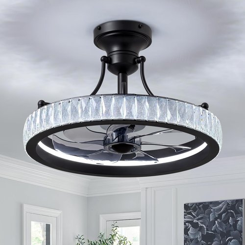 CROSSIO 20" Crystal Chandelier Black Ceiling Fan with Light Fandelier Ceiling Fan with Light Modern Chandelier Fan 6 Wind Speeds LED Fandelier with APP&Remote Control for Bedroom Living Room Kitchen