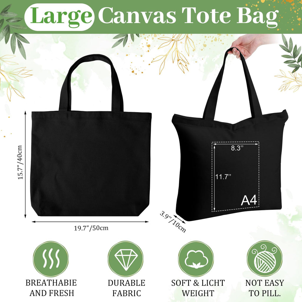 Silkfly 20 Pcs Extra Large Canvas Tote Bags Bulk 19.7x15.8'' Blank Cotton Canvas Bag with Zipper Handles Reusable Plain Grocery Makeup Handbag for DIY (Black)