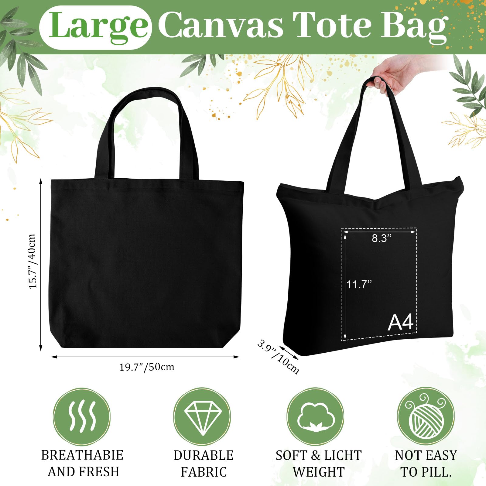 Silkfly 20 Pcs Extra Large Canvas Tote Bags Bulk 19.7x15.8'' Blank Cotton Canvas Bag with Zipper Handles Reusable Plain Grocery Makeup Handbag for DIY (Black)