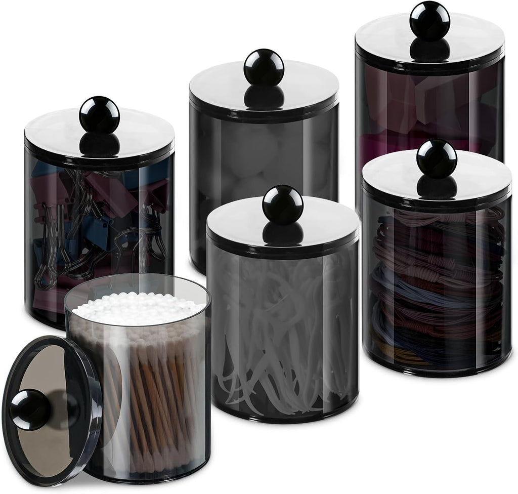 XIPENGKEJI Qtip Holder Canister Set - 2+4 Pack Bathroom Jars with Lids for Cotton Swabs & Pads | Black 10oz-12oz