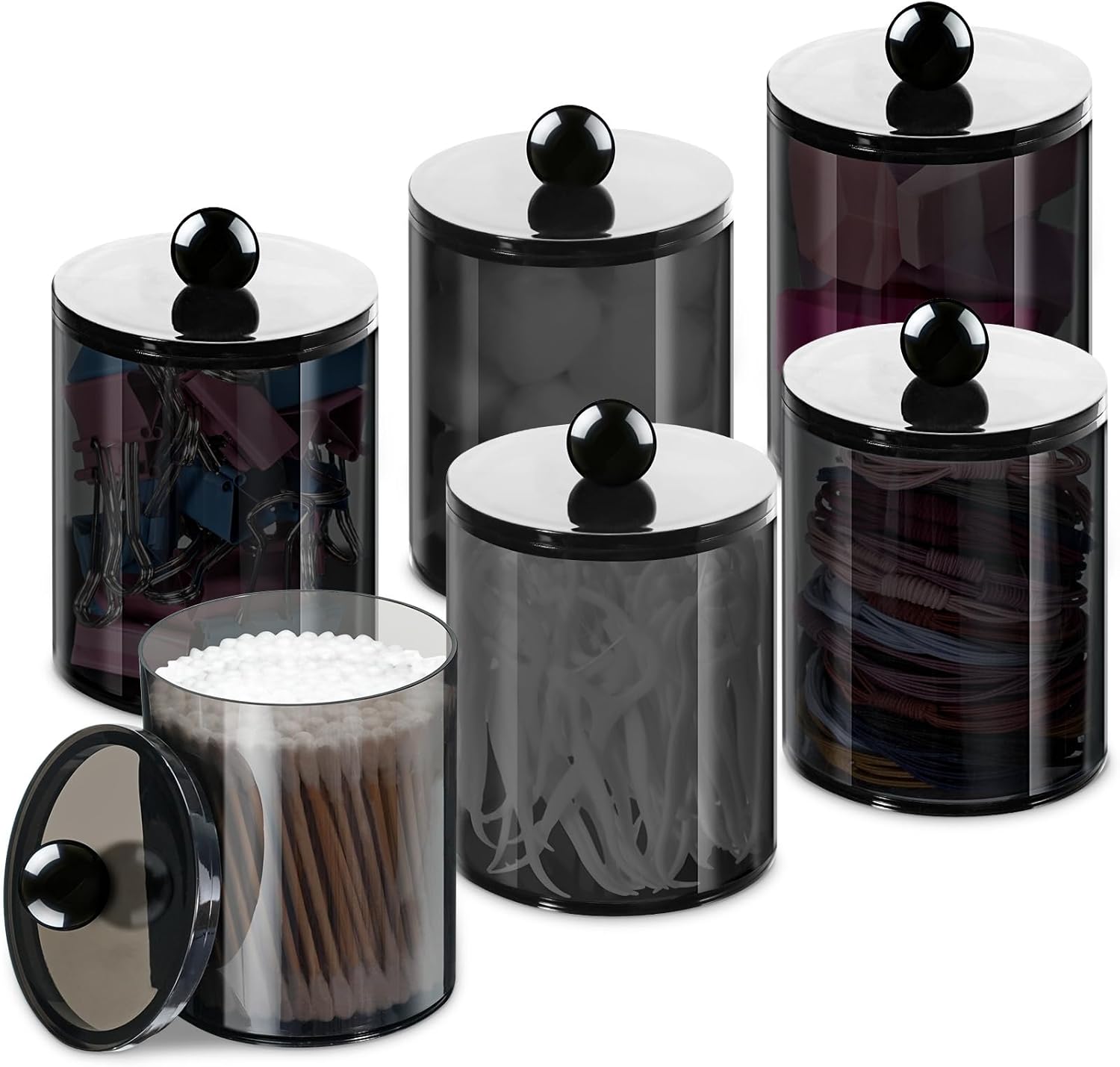 XIPENGKEJI Qtip Holder Canister Set - 2+4 Pack Bathroom Jars with Lids for Cotton Swabs & Pads | Black 10oz-12oz