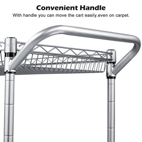 WDT Heavy Duty 3 Tier Utility Cart,Wire Rolling Carts with Wheels, Commercial Grade Service Cart with Shelving Liners and Handle Bar Metal Carts for Kitchen Office Hardware (750LBS Capacity Silver)