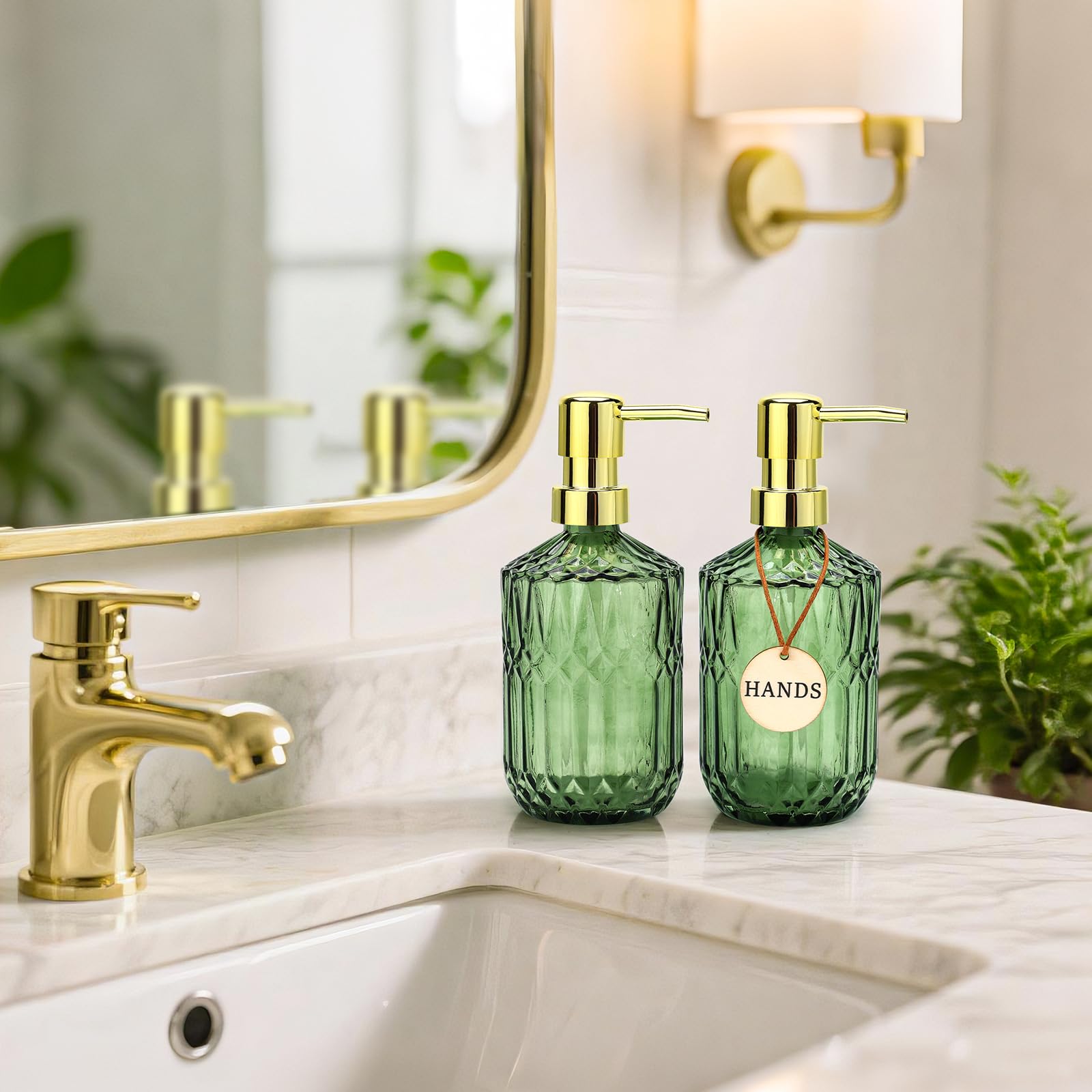 Ritrsvey Green Glass Soap Dispenser (15.4 Oz, 2 Pack), Kitchen Hand and Dish Soap Dispenser Set with Golden Rust Proof Pump, Vintage Bathroom Hand Soap Lotion Dispensers