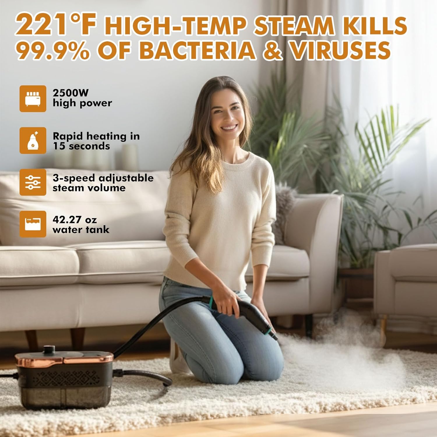 Skiennix Handheld Steam Cleaner - 15s Fast Heat-Up, 2500W Power, 42.27oz Tank | 15 Accessories for Home Cleaning