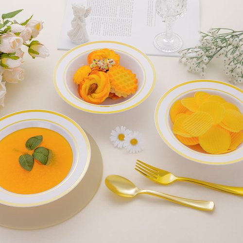 realluck 50 Pack Disposable Soup Bowls with Gold Rim,12oz Disposable Soup Bowls,Disposable Soup Dessert Salad Bowls for Wedding/Party/Catered Events