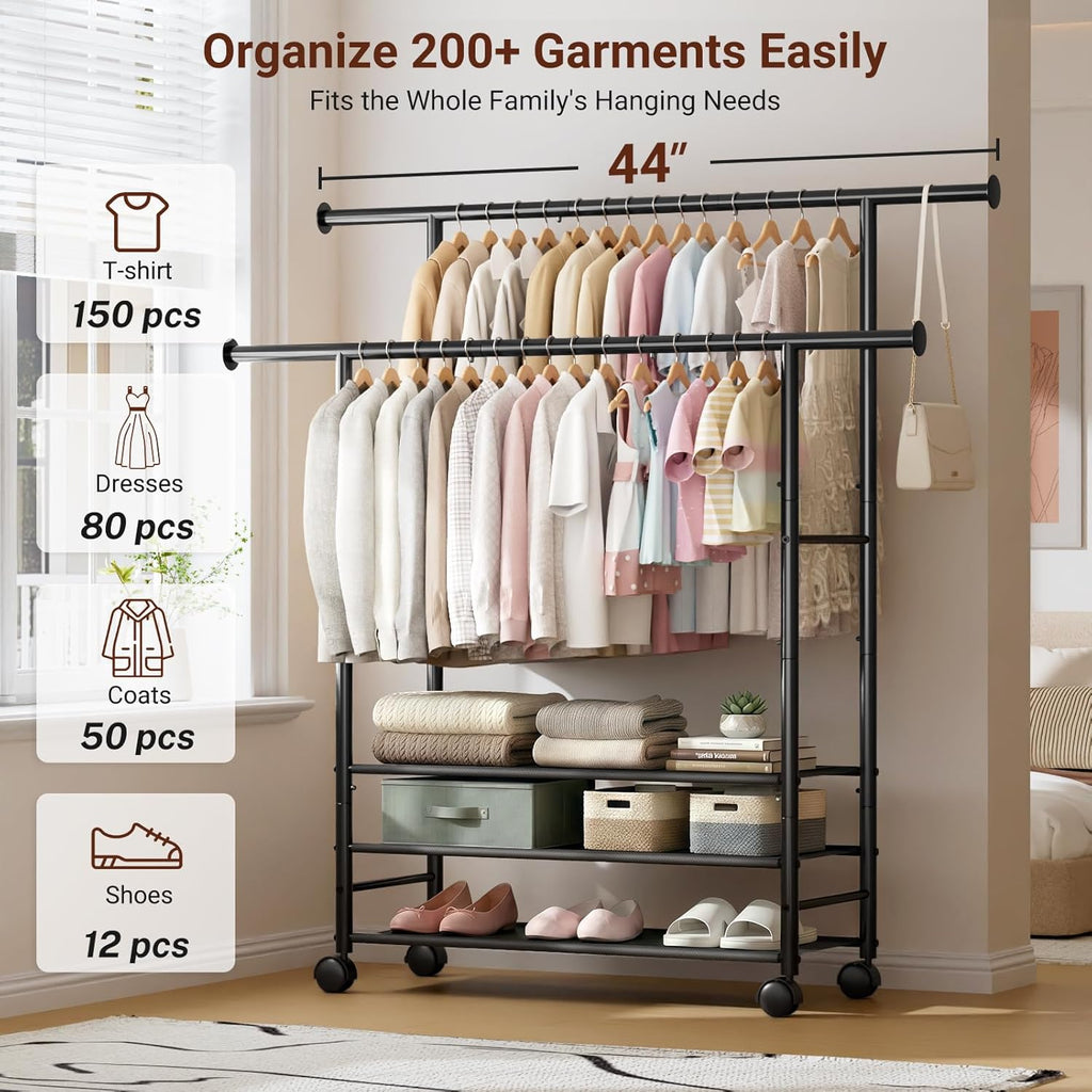 Sleeping Lamb Double Rod Clothes Rack - Sturdy Portable Garment Rack with 3-Tier Shelves | Black