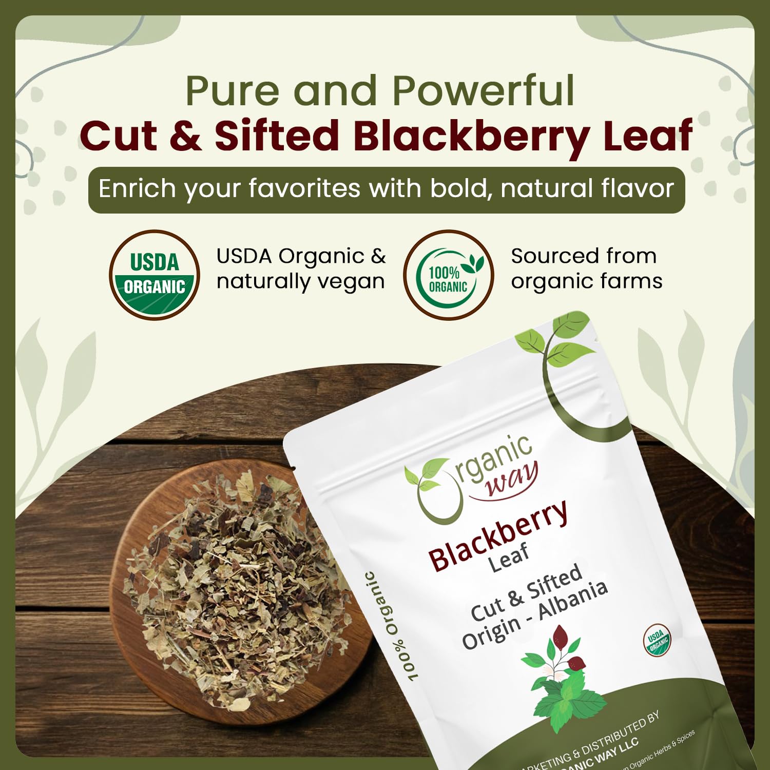 Organic Way Blackberry Leaf (Rubus fruticosus) Cut & Sifted - Herbal Tea | European Wild-Harvest | Organic & Kosher Certified | Non GMO & Gluten Free | USDA Certified | Origin - Albania (1/4 LBS)