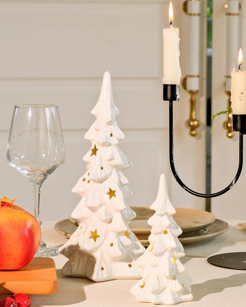 DN DECONATION White Ceramic Christmas Trees - 2-Piece Prelit Tabletop Decor with Stars & Dots Cutouts