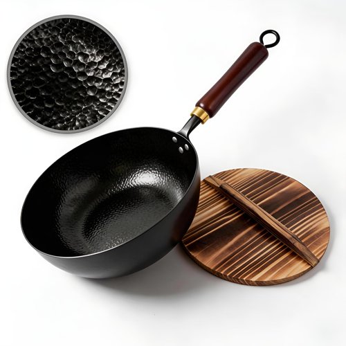 Calmabode 10" Pre-Seasoned Carbon Steel Wok - Fast, Even Heating - Works on Gas, Electric & Induction - Durable Commercial-Grade - Ready-to-Use, Easy Maintenance - Toxin-Free Cooking - Deep Pan