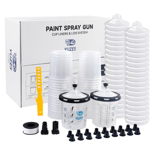 YUZES Disposable Paint Gun Cups 20 Ounce(600ML), 40 Disposable Paint Cups Liners and Lid, 2 Hard Cup with Retainer Ring, 20 Plugs, PTFE Tape, Stirrer, 2 Spray Gun Adapter, for Mix, Spray, Store Paint