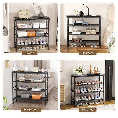 Mavivegue Shoe Rack Organizer, 4-Tier Metal Shoe Storage with Non-Woven Fabrics Shelves and Wooden Top Board, Shoe Rack for Entryway Bedroom Living Room Garage, Black