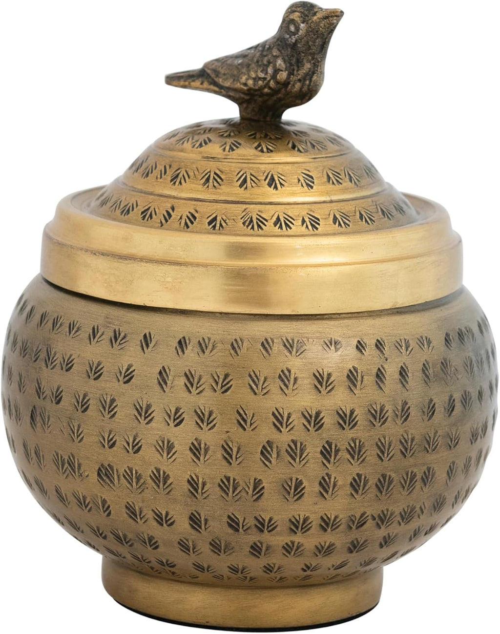 Round Hammered Metal Container - Bird Finial Design in Elegant Brass Finish