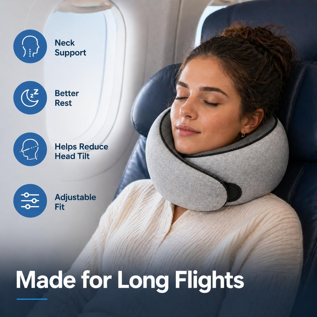 Purroch G-Shape Memory Foam Travel Neck Pillow - 100% Pure Foam Ergonomic Support with Eye Mask & Ear Plugs for Airplane Flights, Car Trips & Office Naps, Beige Gray
