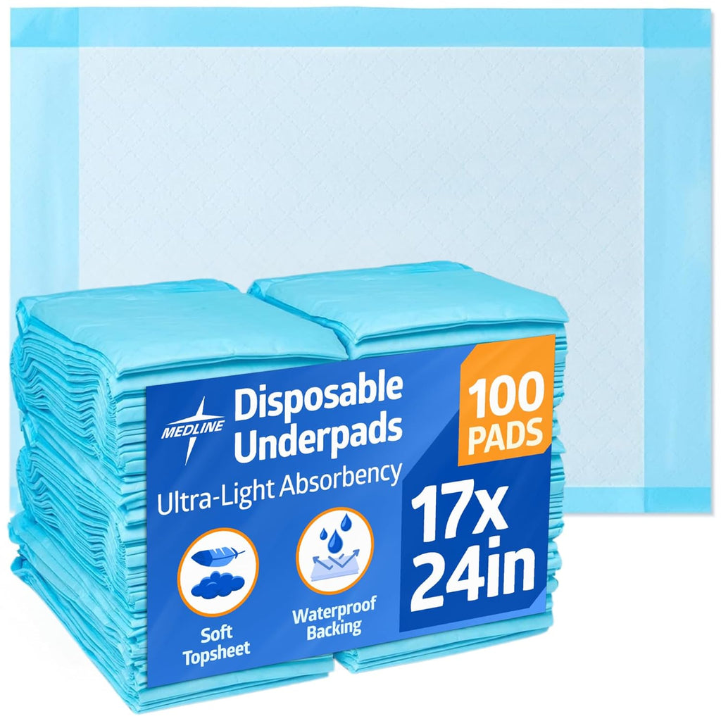 Medline Light Absorbency Underpad - 17" x 24" | 100 Count Disposable Chucks for Bed & Furniture Protection