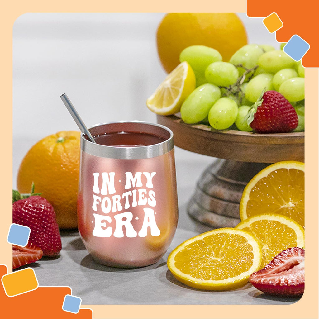 NewEleven 40th Birthday Gifts For Women - 40th Birthday Decorations For Women - 40 Year Old Gifts For Women, Sister, Mom, Daughter, Best Friend - In My Forties Era Wine Tumbler - 12 Oz Tumbler