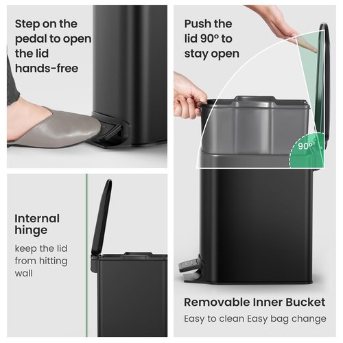 Cesun Stainless Steel Trash Can - 6 Liter Soft Close Lid with Step Pedal | Anti-Fingerprint Matt Black Finish
