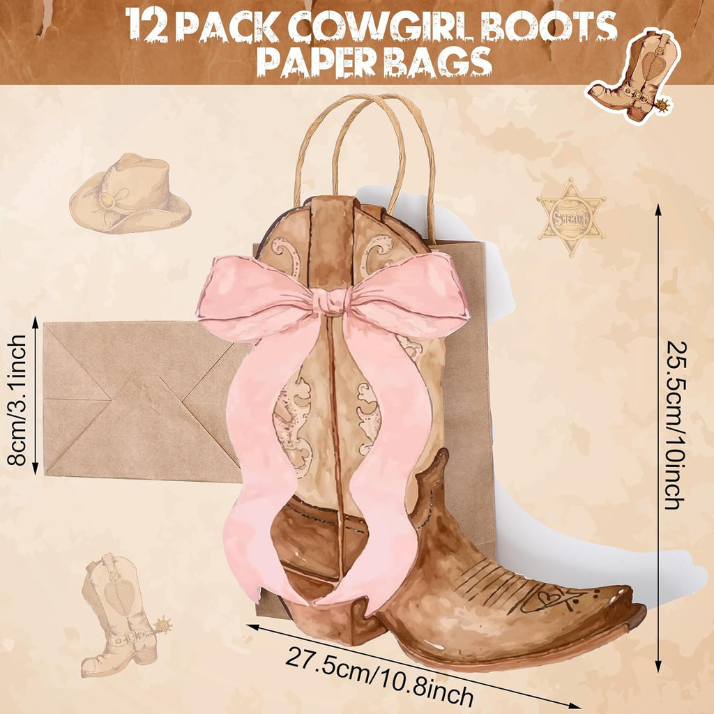 Sinload Western Gift Bags - Cowgirl Cowboy Boots Design with Pink Bow Handles | Perfect for Birthday Party Favors (Brown Style)