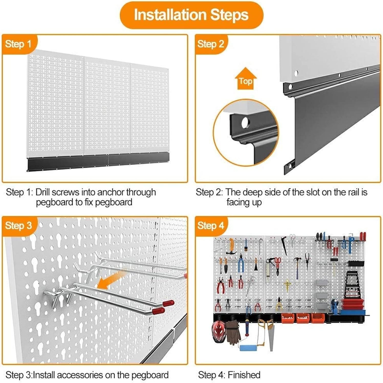 TORACK 109 PCS Pegboard Wall Organizer - 4 ft Metal Tool Storage Kit with Hooks & Bins