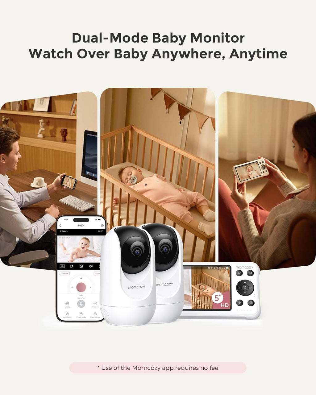 Momcozy BM04 Smart WiFi Baby Monitor - 2 Cameras, 5" 1080P Split Screen, Night Vision & 2-Way Audio