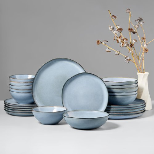 HaWare Plates and Bowls Set, Stoneware Dinnerware Sets, 24-Piece Hand-painted Dishware for 6, Ceramic Dinner Set for Home Kitchen, Scratch Resistant, Microwave and Dishwasher Safe, Reactive Foggy Blue