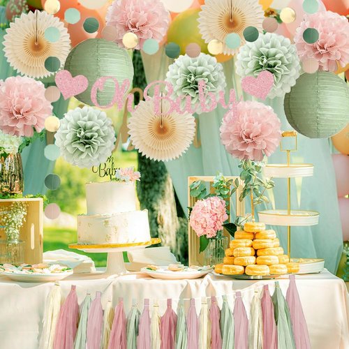 Sage Green and Blush Pink Baby Shower Decorations Oh Baby Shower Decorations for Girl Dusty Rose and Sage Green Beige Boho Pastel Dusty Pink Party Decorations with Cream Tassel Garland