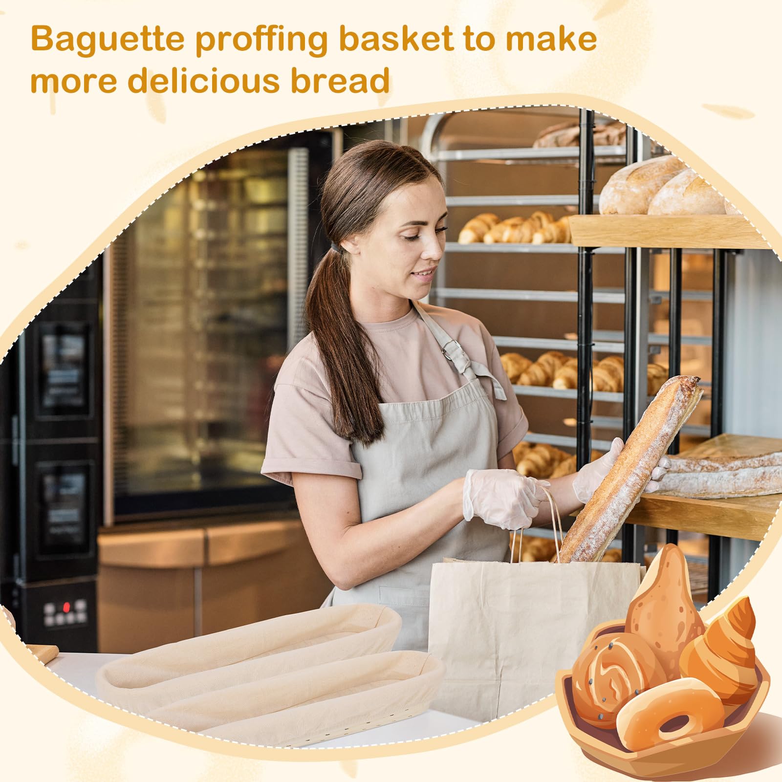 Vesici 15 Inches Baguette Banneton Proofing Basket 6 Pack with Linen Liner Baguette Banneton Bread Baking Baskets Rattan Dough Proofing Baskets for Baguette, Home Bake, Bakers Supplies, Baking Gifts