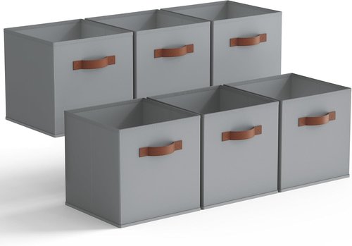 Granny Says 11-Inch Cube Storage Bins - 6 Pack Foldable Fabric Organizers with PU Handle | Grey