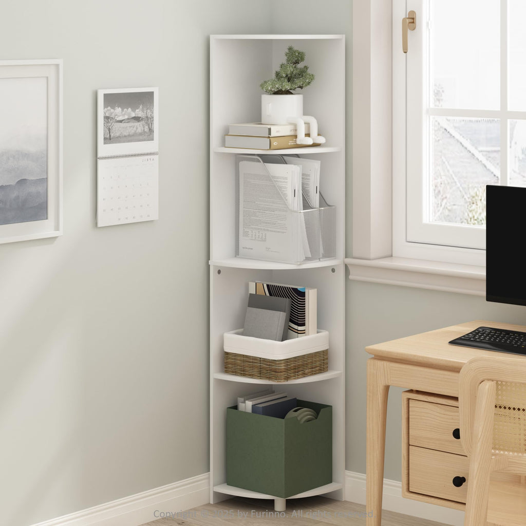 Furinno Basic Book Shelf, 4-Tier Bookshelf, Bookcase with Corner Shelf, 12 x 12 x 57.1, for Living Room, Bedroom, Home Office, White