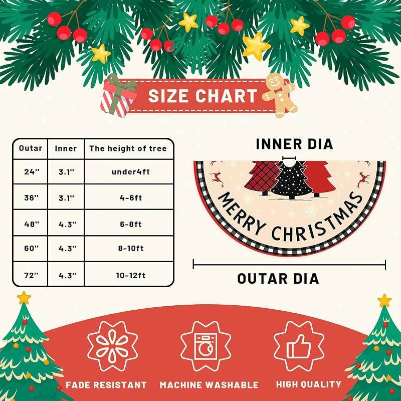 Buffalo Plaid Christmas Tree Skirt 30 Inch - Red & Black Snowflake Reindeer Xmas Mat, Xmas Tree Decor - Variation: Buffalo Plaid+30 inch